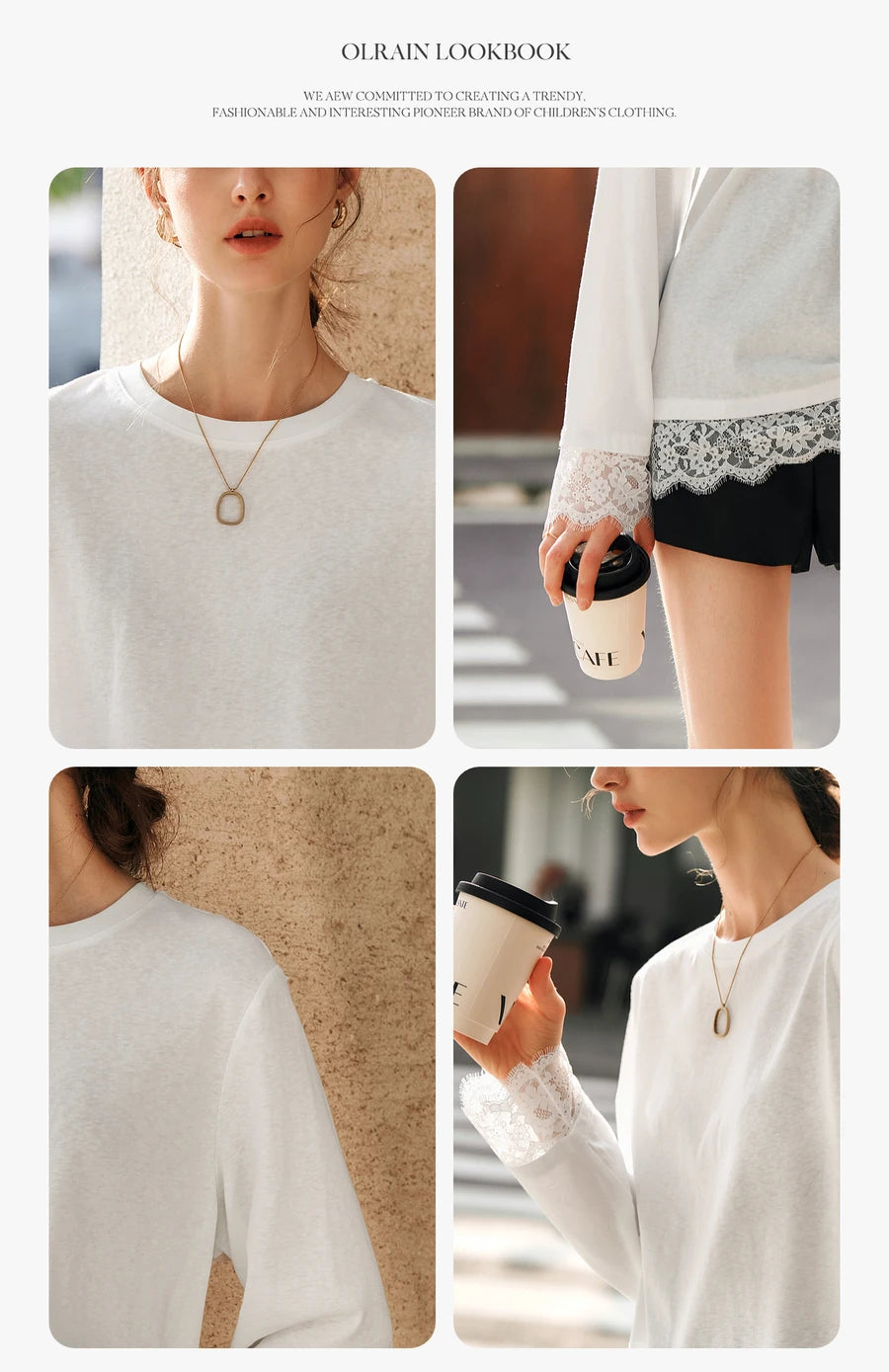 OLrain Cotton White T-shirt Women 2026 Autumn Casual Loose Tee Shirt Crewneck Lace Long Sleeve Tops Woman Clothing N57CT95669