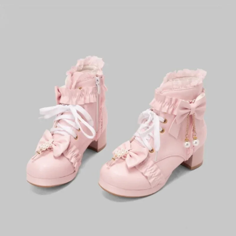 Lolita Great Quality Block High Heels Women Ankle Boots White Shoes Lace Decor Lace Up Chunky Heeled Bow Boots for Women Verclo
