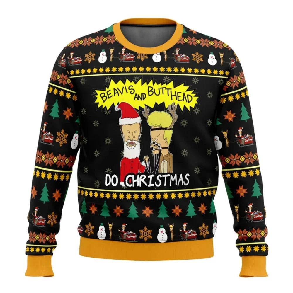 Xmas Rock Beavis and Butthead Ugly Christmas Sweater Cartoon Anime Women Men Pullover Tops New Fashion Couple Hoodie Sweatshirt BAZAARHUBO