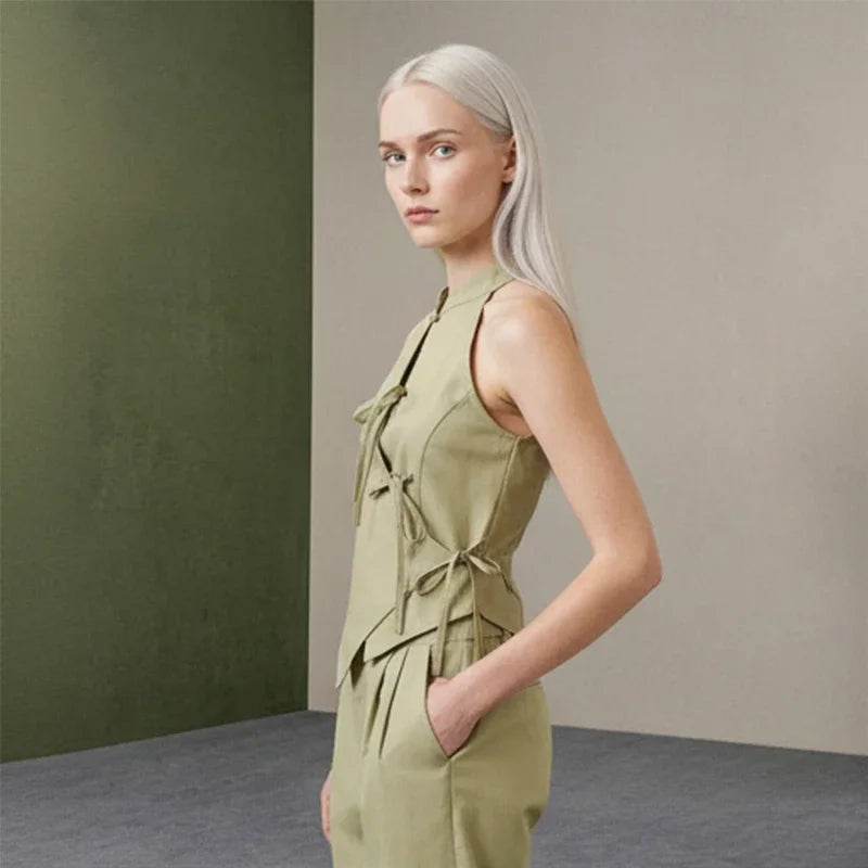 Women Green Bowknot Wide-leg Pant Suits Chic Solid Sleeveless Lace Up Slim Fit Long Pant Sets 2026 Lady Daily Street Outfits New