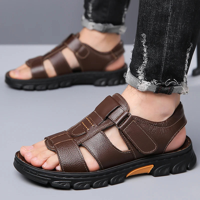 Men's Sandals Adjustable Solid Color Shoes Summer Casual Comfort with Durable Rubber Sole, Breathable PU for Outdoor Walking