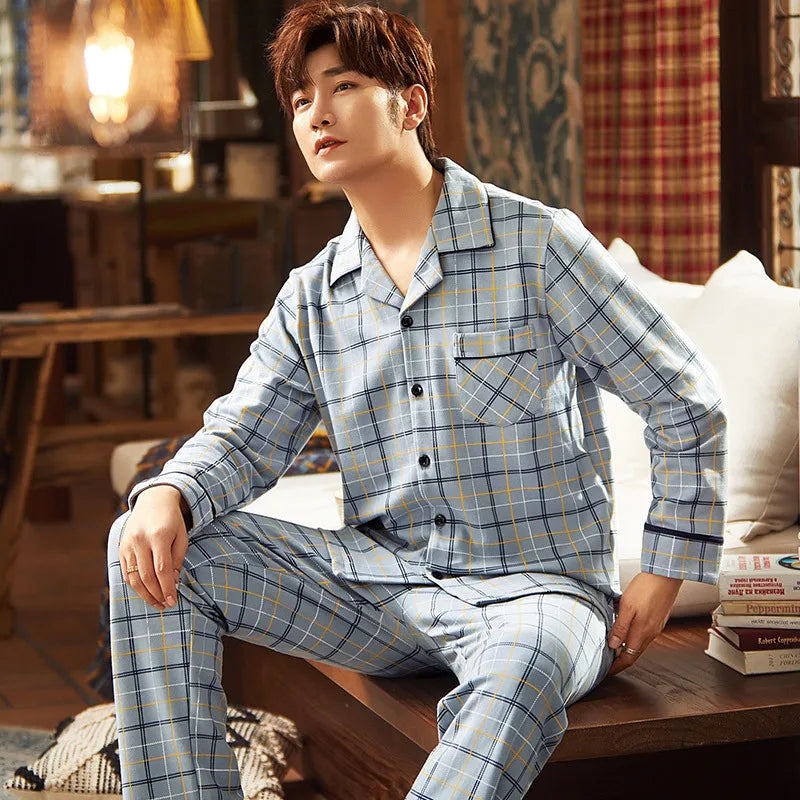 Pajamas for Men Spring and Autumn Long-Sleeved Young Men's Simple Casual Lapel Autumn and Winter Home Wear Set