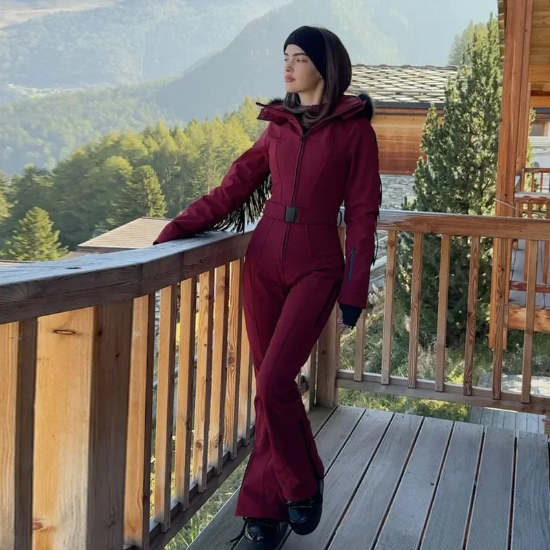 Women  Fur Collar Hooded Skiwear Fashion Solid Thicken Zipper High Waist Slim Outdoor Overalls Jumpsuit  Lady Winter Outwear