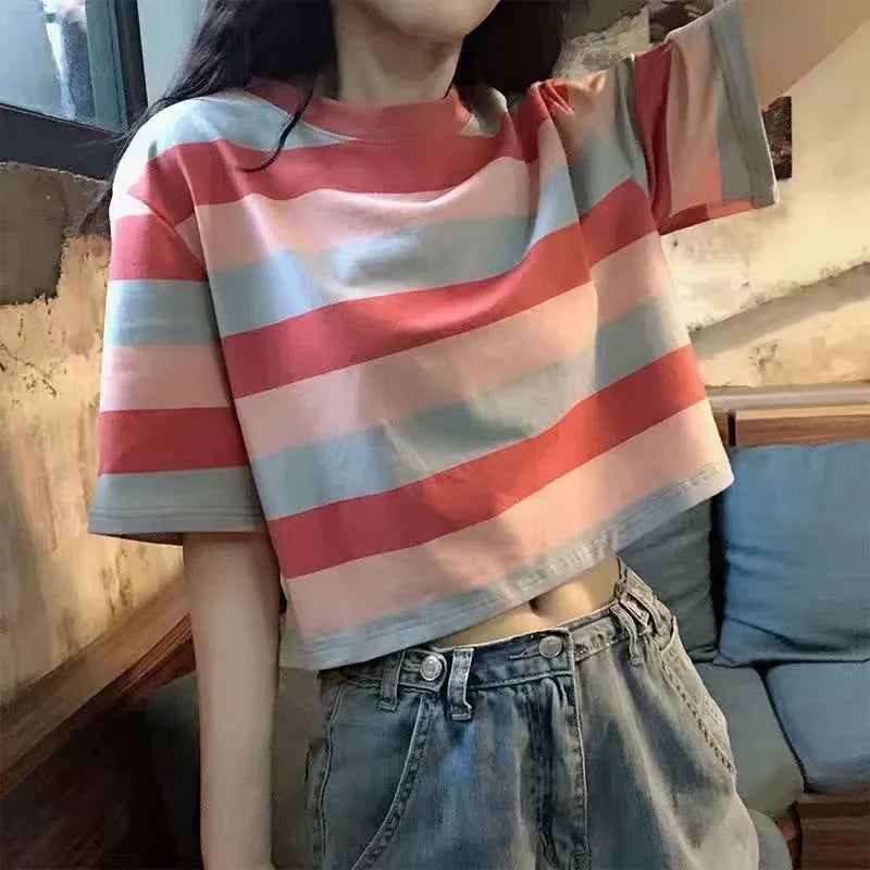 Black White Striped Cropped Top Women Summer New Korean Loose Short-sleeved T-shirt Fashion Egirl Letter Print Oversized Shirt