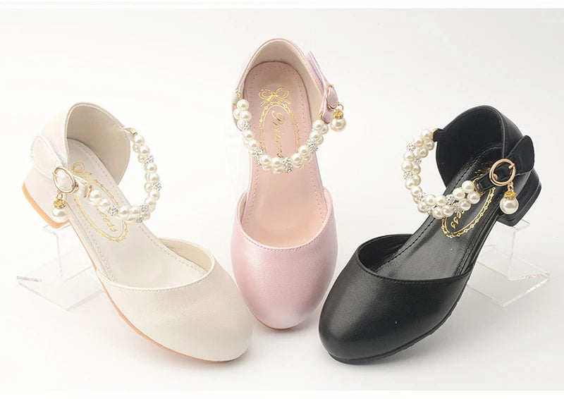 Pink Black White Party Wedding Shoes Children's High Heels Girl Shoe Elegan Pearl Princess Dress Girls Heel Shoes Child 2024 New