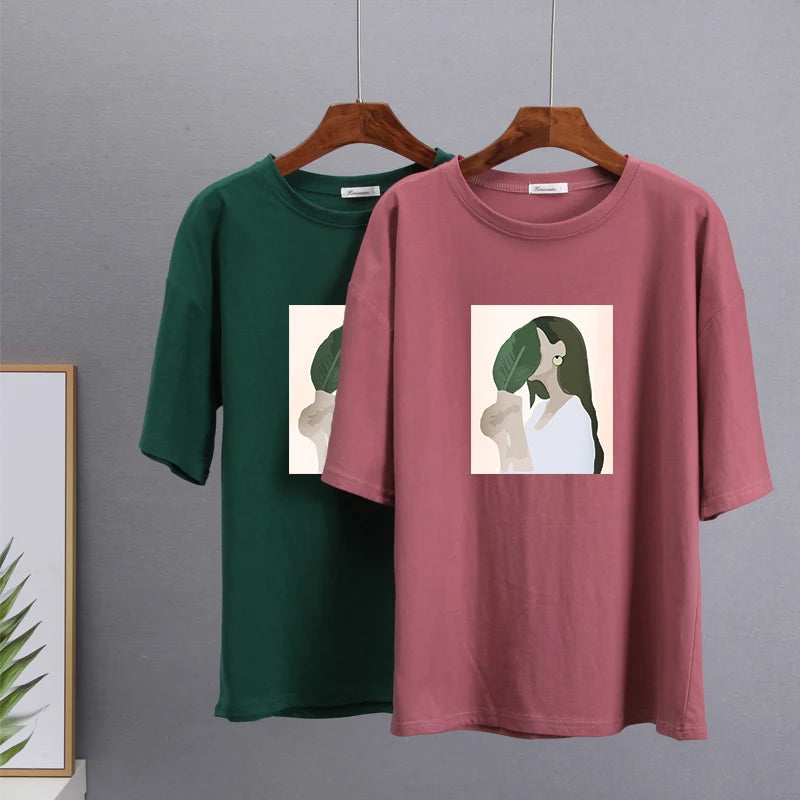 Hirsionsan Harajuku Printed T Shirt Women 2023 Summer Chic Tees 100% Cotton Elegant Graphic Clothes Loose Casual Pullover Tops