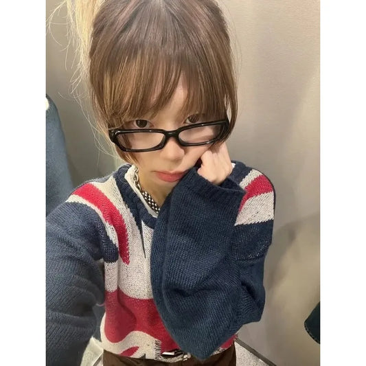 Y2K Unisex Union Jack Sweater, British Flag Graphic Long Sleeve Top, Casual Oversized Streetwear Knitted Jumper