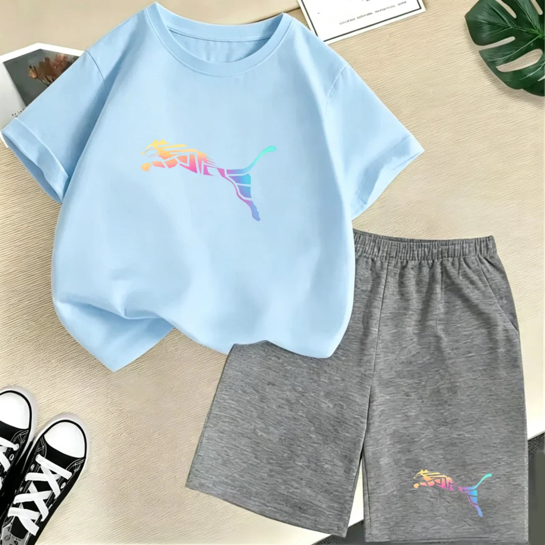 Kids Summer Casual Round Neck T-shirt Colorful Gradation Animals Boy Girl3-12Yrs Short-Sleeved+Shorts Fashion Sports Clothes Set