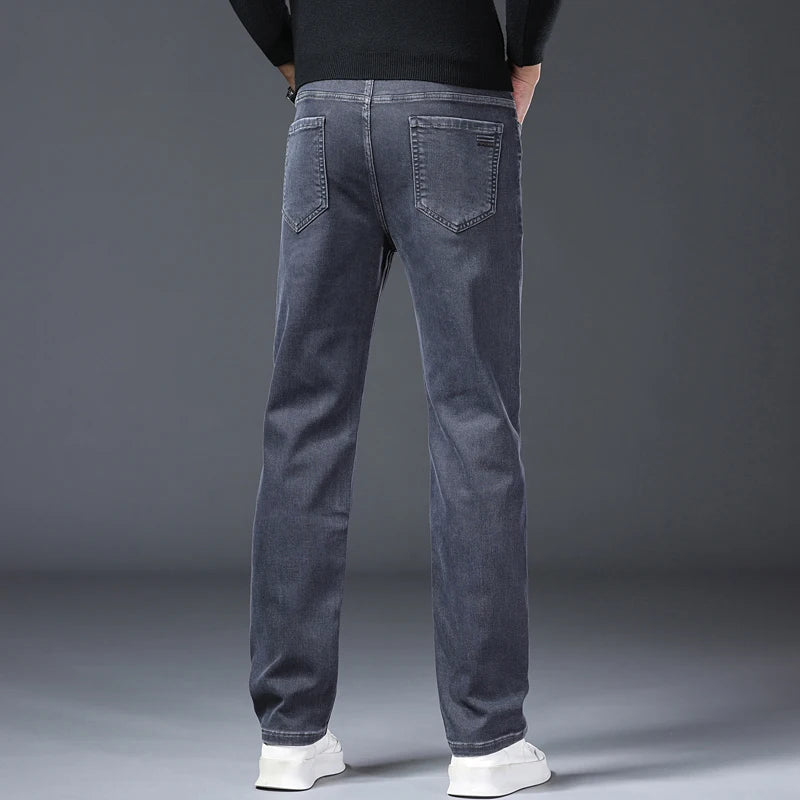 Gray Jeans Men's Fashion Spring Autumn Casual Elastic Trousers Classic Straight Business Work Vintage Washed Denim Pants