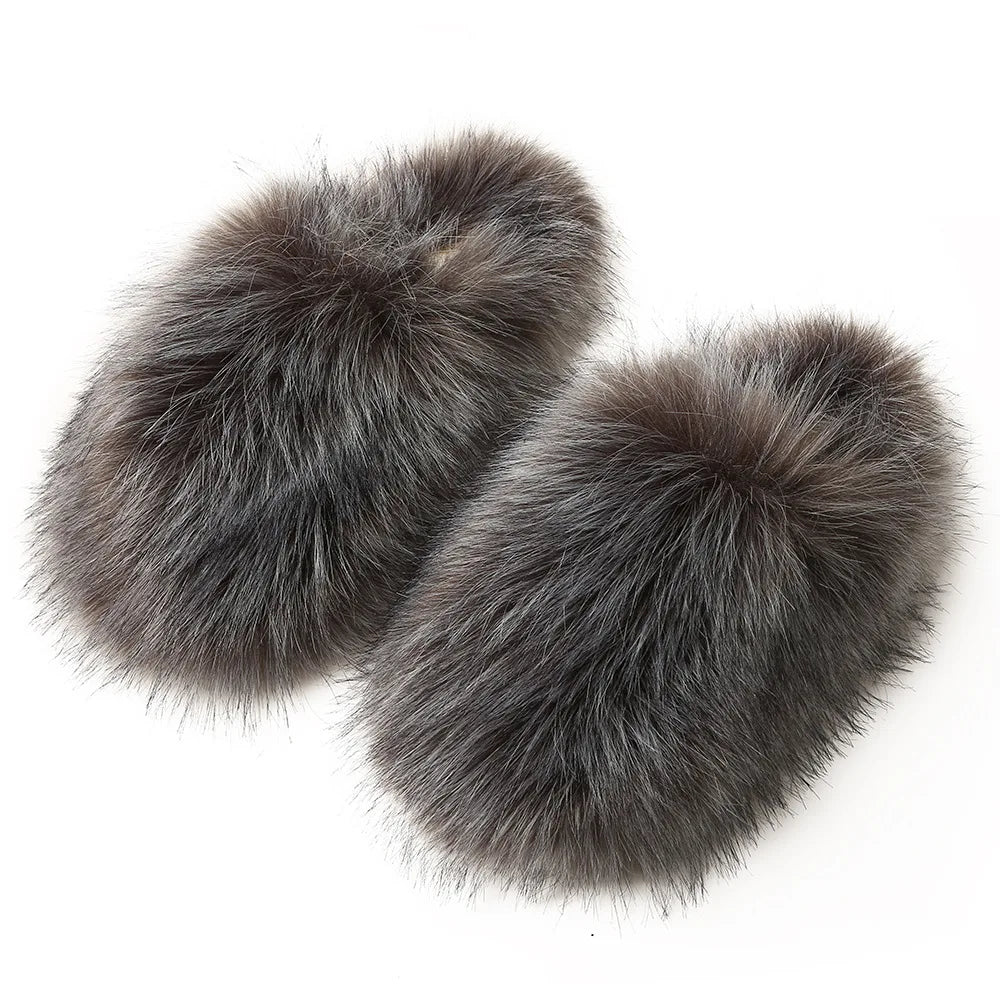 Ladies Winter High Quality Fox Fur Slippers Women Warm Fur Slides Girls Luxury Furry Slippers Soft Comfortable Home Cotton Shoes