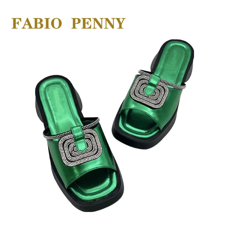 FABIO PENNY2026 new solid-color exquisite water diamond design thick-soled women's fashionable slippers and party sandals