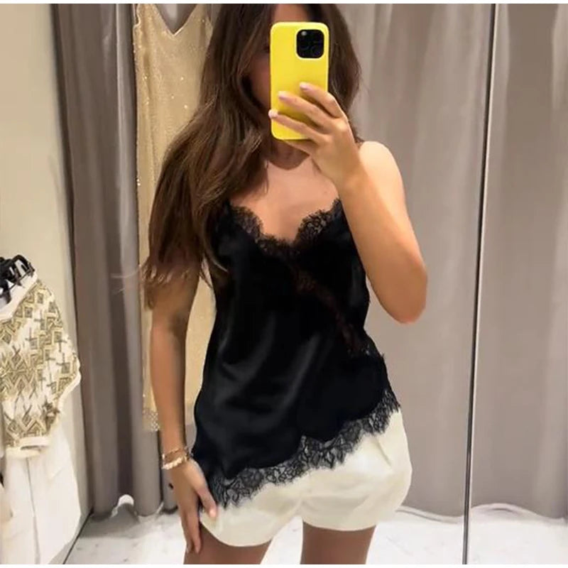 Lace Spliced Square Neck Spaghetti Strap Blouse Loose Fit Cropped 2026 Summer Women Chiffon Top Causal Delicate Lady Blusa