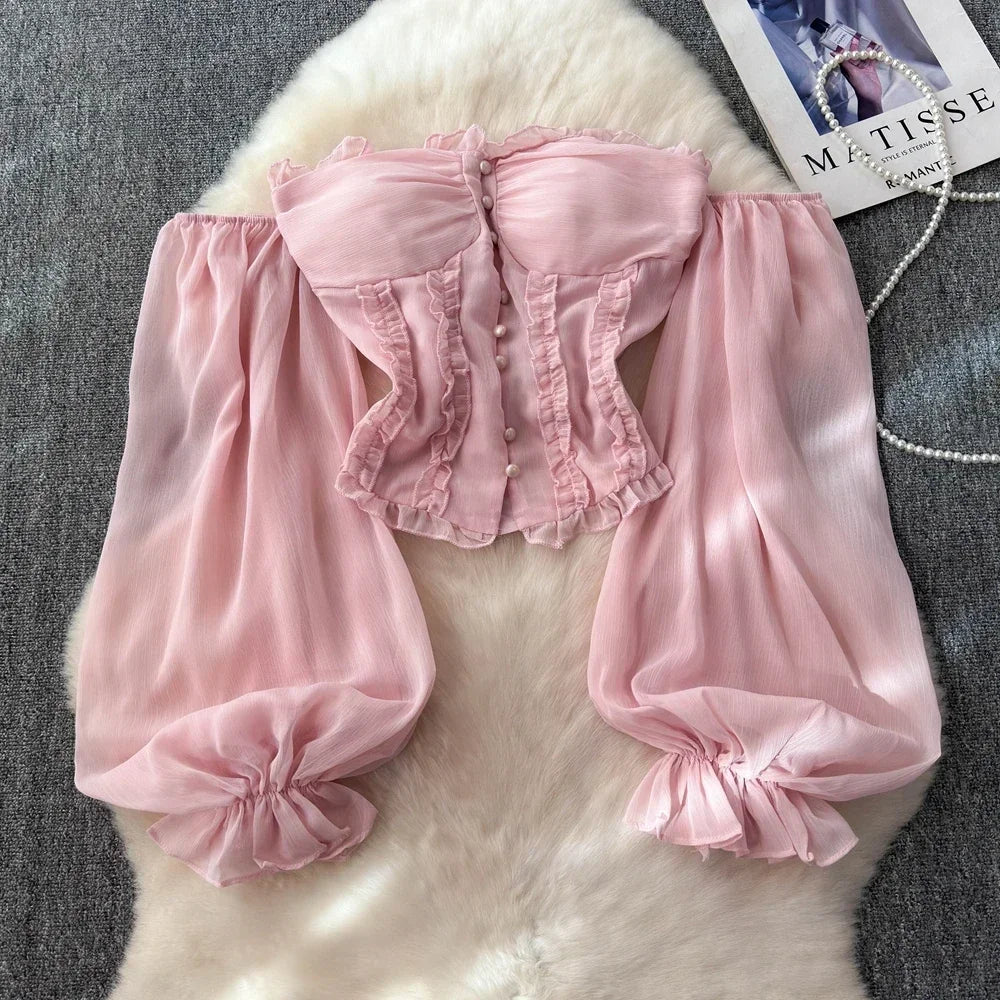 Chiffon Blouse for Women Slash Neck Off Shoulder Solid Color Camisas Ruffles Folds Backless Summer Blusas De Mujer Chic Dropship