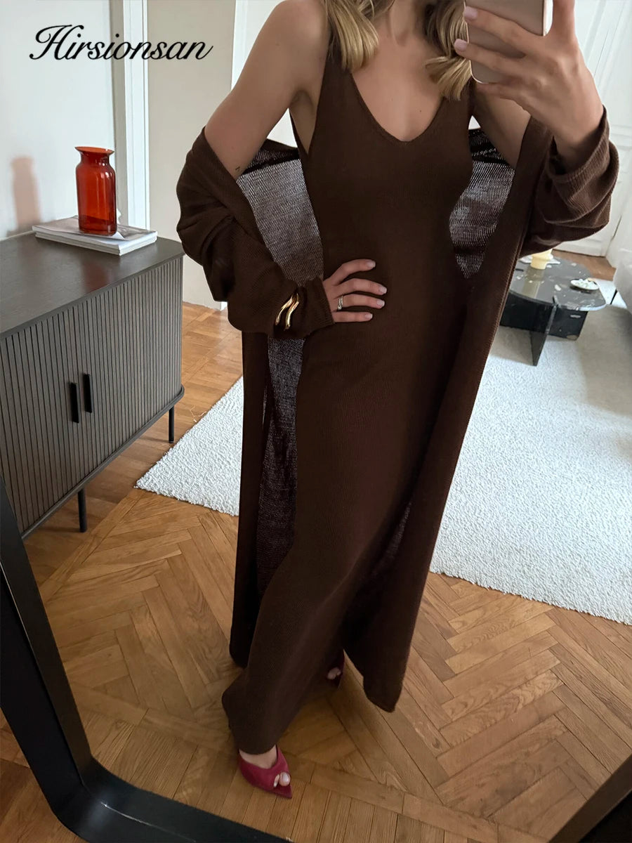 Hirsionsan Soft Loose Sets Women Three Pieces Long Sleeve Cardigan & Sexy Vest Dresses Elegant Female Hollow Outfits Tracksuit