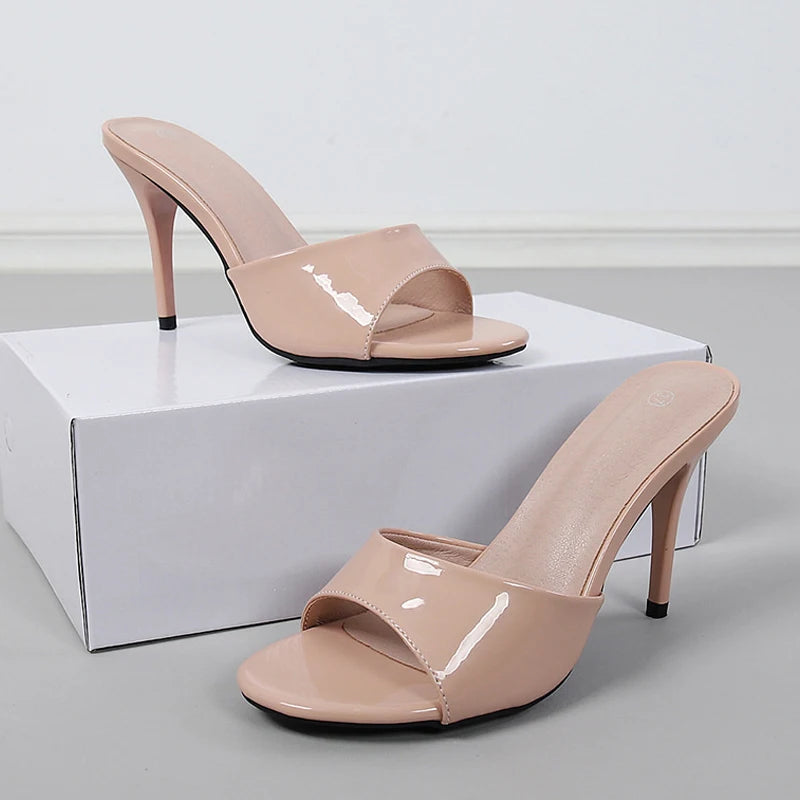 Liyke Black Patent Leather Women Slippers Sandal Fashion Round Open Toe Mules High Heels Slides Summer Party Dress Shoes Size 43