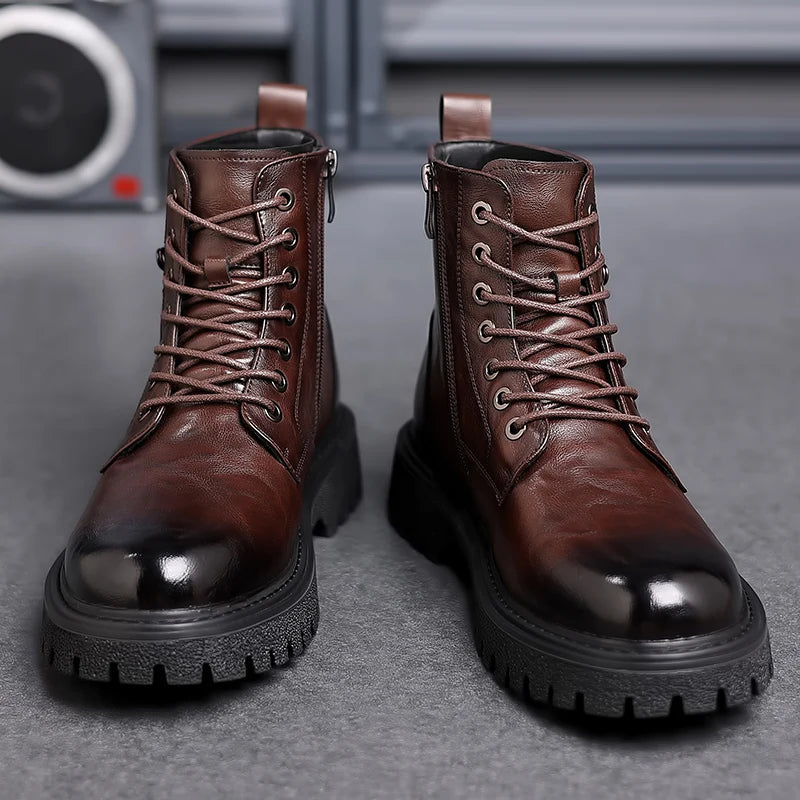 Luxury Brand Men Genuine Leather Stylish Ankle Boots Winter Classic Lace-up Antiskid Thick Bottom Boots Men Casual Leather Shoes