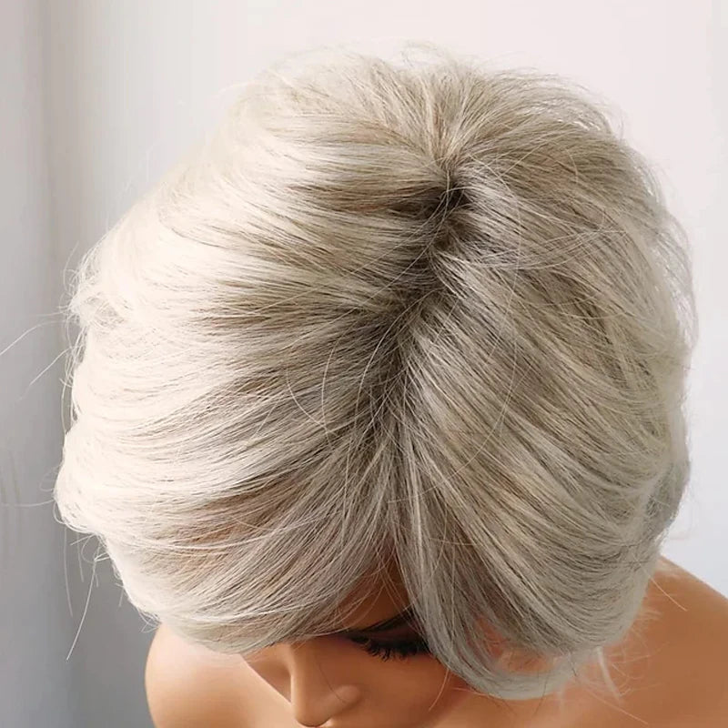 HAIRJOY Synthetic Hair Short Curly Brown Mixed Blonde Highlight Wigs with Bangs for White Women