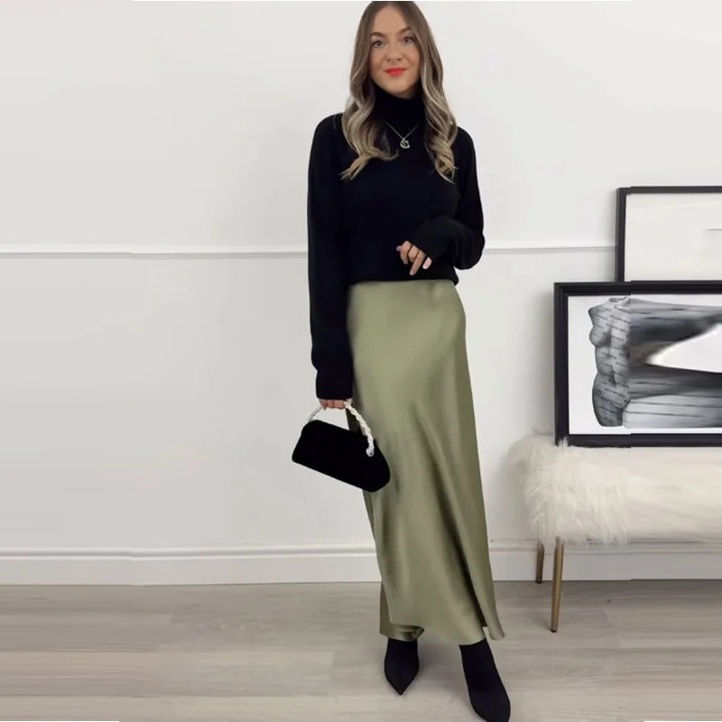 HXAO 2025 Skirts For Women Black Satin Skirt Summer Elegant Women's Midi Skirts High Waist Smooth Skirts Green Flare Skirt 088