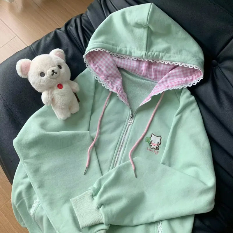 Harajuku Korean  Kawaii Hooded Coat Women Thin Long Sleeve Zipper Cardigan Y2K Streetwear New Mid-length Loose Jackets