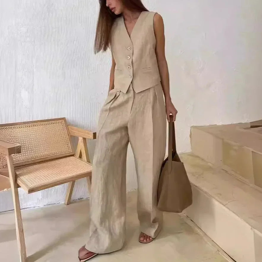 Sleeveless Vest Jacket Top Casual Pants Two-piece Set For Women's Wide Leg Pant Sets Sexy Summer Boho Cotton Linen Ladies Suits