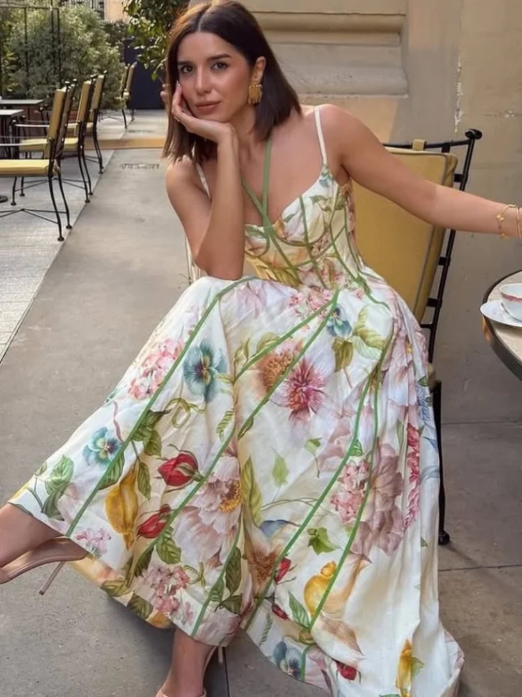 Printed Sleeveless Halter Long Dress Women Chic Waist Cinching A-line Sling Slim Fit Dresses Lady Spring Summer Vacation Gown
