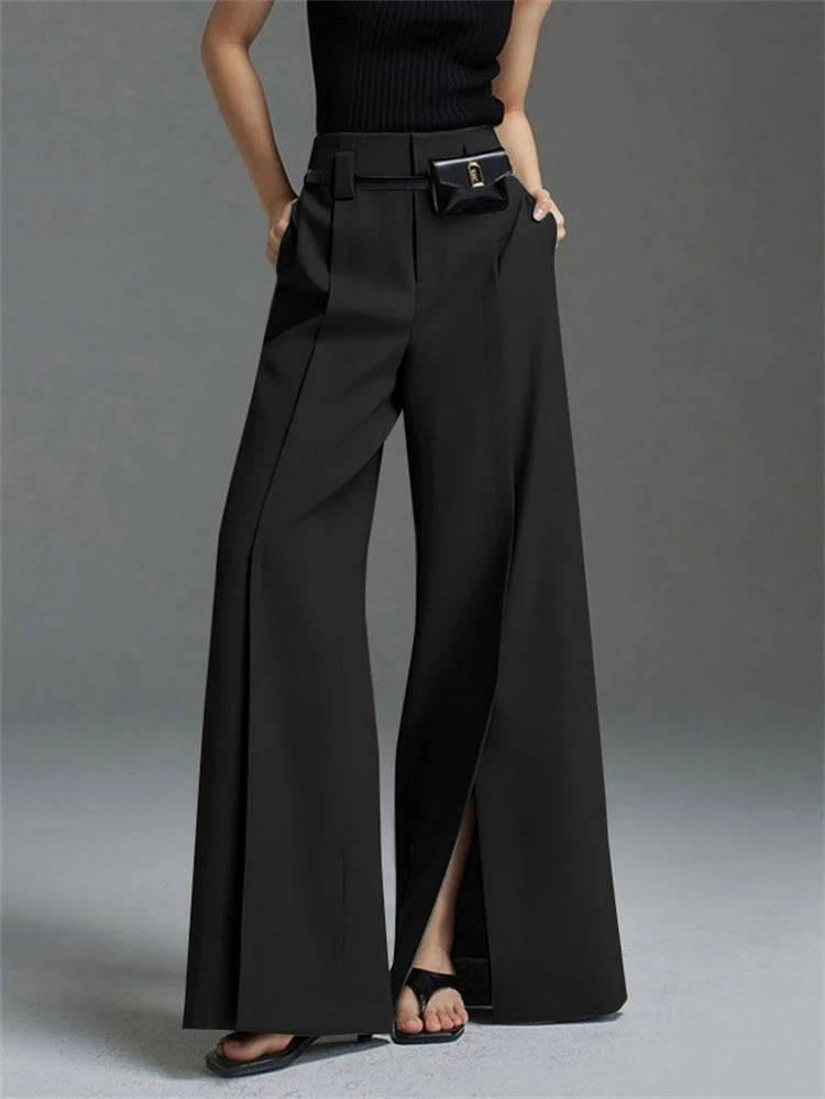 Yeezzi Women Business Suit Pants High Waist Pleated Split Front Trousers Black