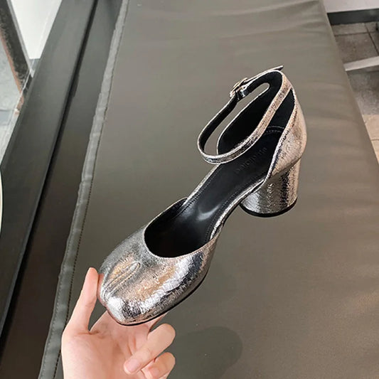 Brand Designer Tabi ninja high heels shoes woman ankle strap silver crack leather pumps split toe D'orsay mary janes shoes woman