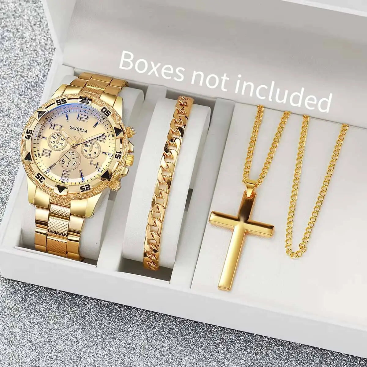 3PCS/Set Fashion Men's Quartz Watch Luxury Large Dial Men Business Watches Necklace Bracelet Set Reloj Hombre（Without Box）