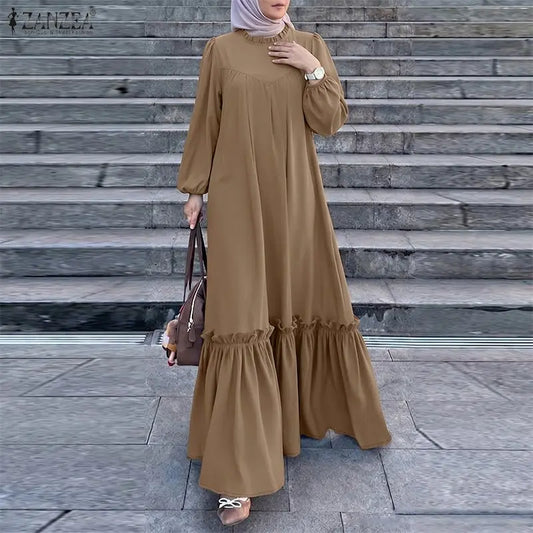 Women's Muslim Maxi Dress Modest Fashion O-Neck Long Sleeve Ruffled Hem Abaya Robes ZANZEA Islamic Hijabis Ramadan Eid Kaftan