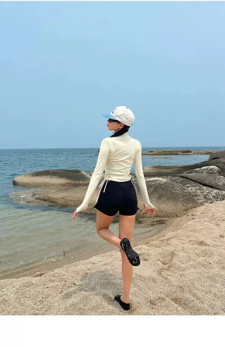 Swimwear Sports Style Long Sleeved Sunscreen Fashion Two-piece Set Women Conservative Slimming Effect Drawstring Flat Corner