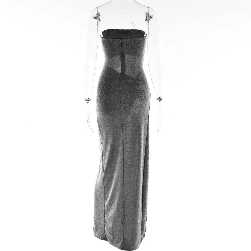Cryptographic Summer Sexy Strapless Cut Out Slit Maxi Dress Elegant Outfits for Women Sleeveless Glitter Twist Dresses Vestido