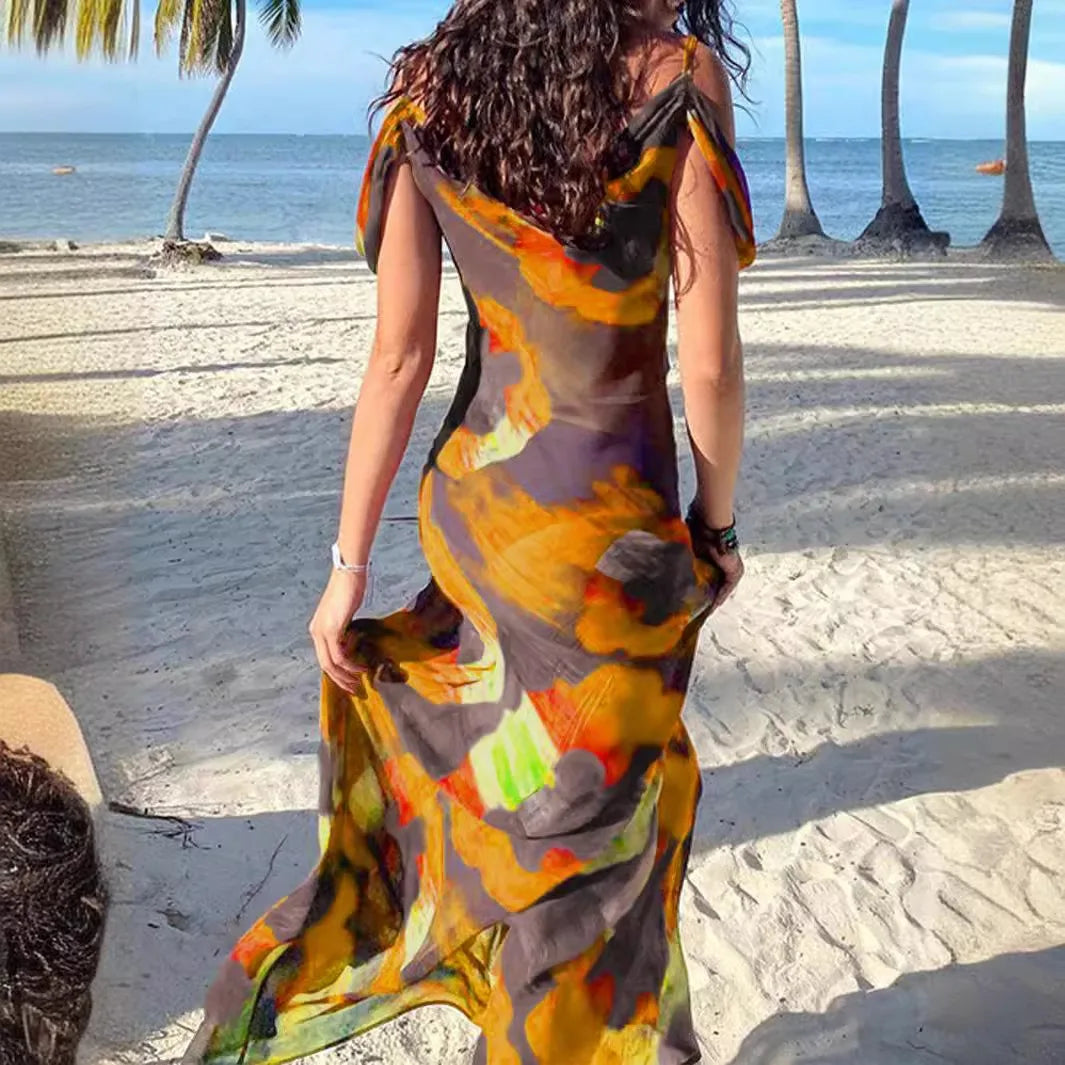 2024 popular American sexy printed suspender dress, long skirt, European and American style dress