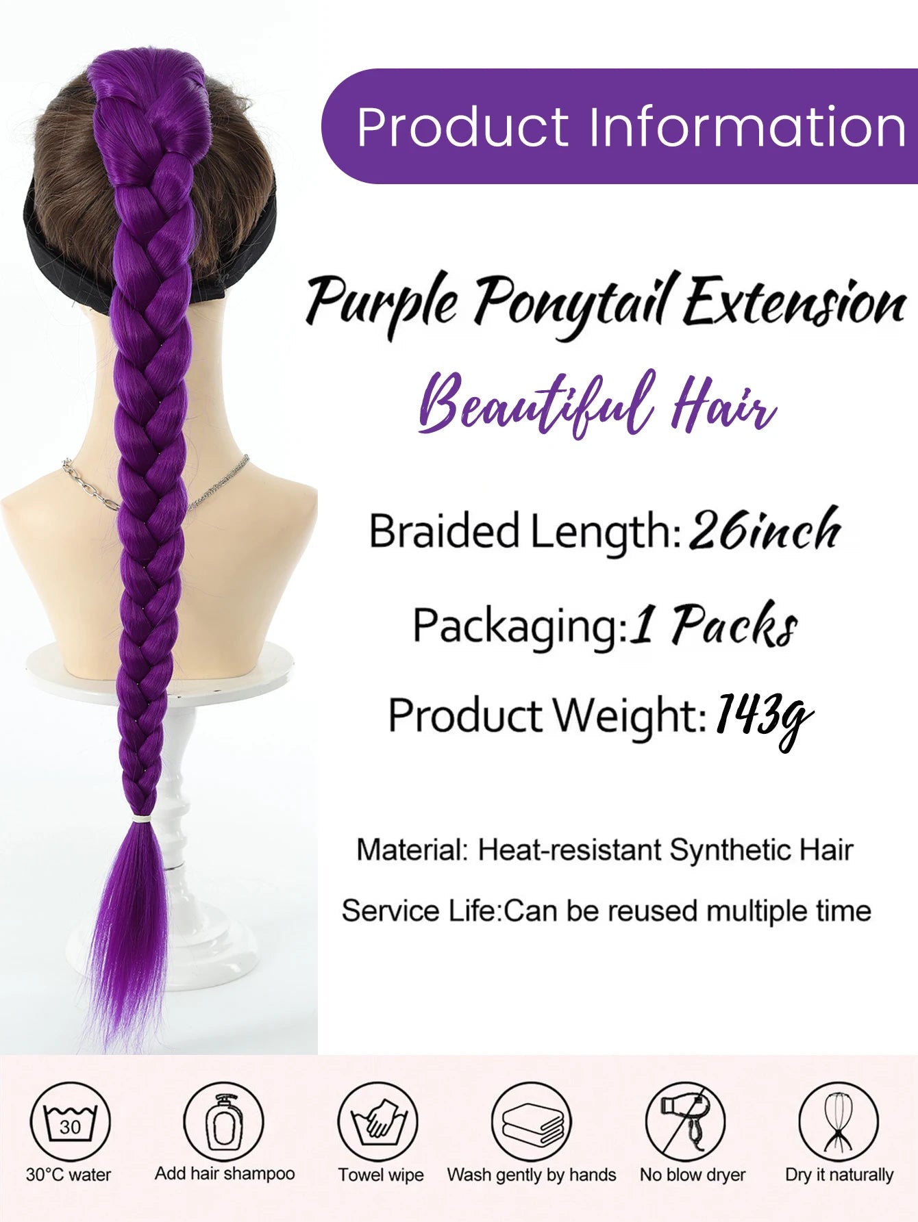 Synthetic 26inch Long Ponytail with Clips Braided Purple Hair Ponytail Rumi Costume Hairstyle for Kids Girls Halloween Christmas