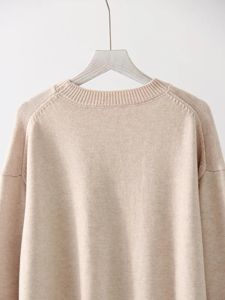 Oversize Burgundy Womens O Neck Knitwear Sweater Warm Winter Pullover