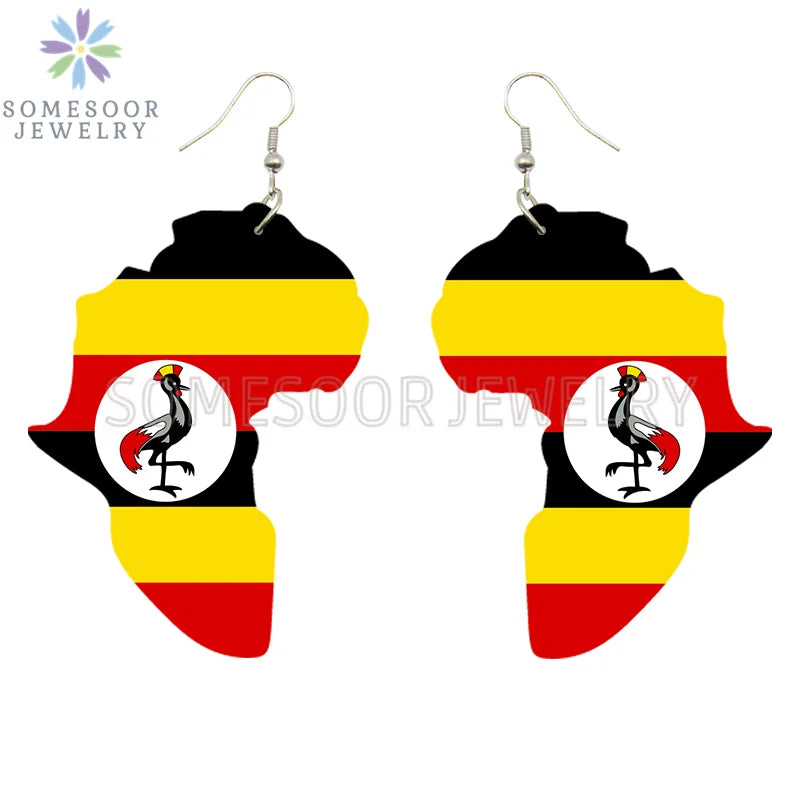 SOMESOOR Afro Countries National Flags Print Africa Map Wooden Drop Earrings Pendant For Women African Mainland Dangle Jewelry