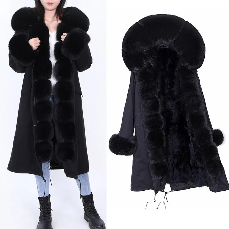 Maomaokong Winter Woman Natural Fur Overcoat Plus Size Black Parkas Raccoon Real Fur Lining Extra Larg Warm Jacket Coats Long
