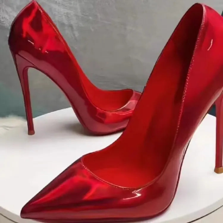 Women's Super High Heels Spring New Style Pointed Head Shallow Mouth Set Foot Bright Leather Non-slip High Single Shoes