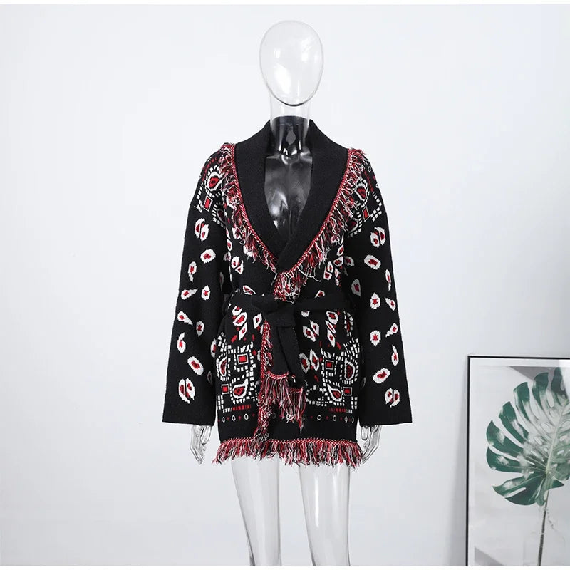 2026 Spring Tassel Knitted Jacquard Women's Cardigans Loose Patchwork V-neck Long Sleeve Thick Warm Sweater Lady New Knitwear