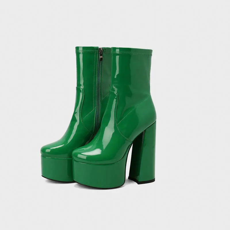 New Lacquer Leather Autumn and Winter Short Boots Women's Thick High Heels Sexy Short Tube Large Fashion Short Boots