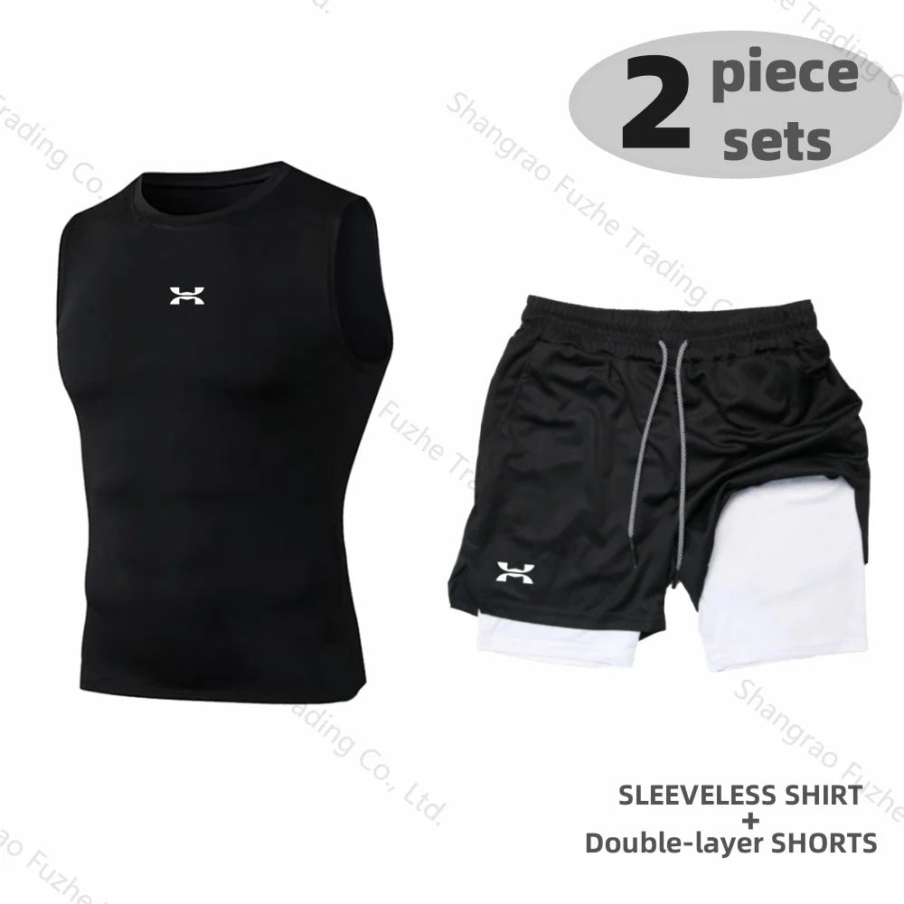 Sports Boxing Sets Basic Sleeveless Shirt+2-in-1 Shorts Sets Gym Compression Quick Drying Training Workout Stretch Skinny Sets