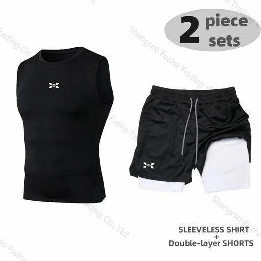 Sports Boxing Sets Basic Sleeveless Shirt+2-in-1 Shorts Sets Gym Compression Quick Drying Training Workout Stretch Skinny Sets