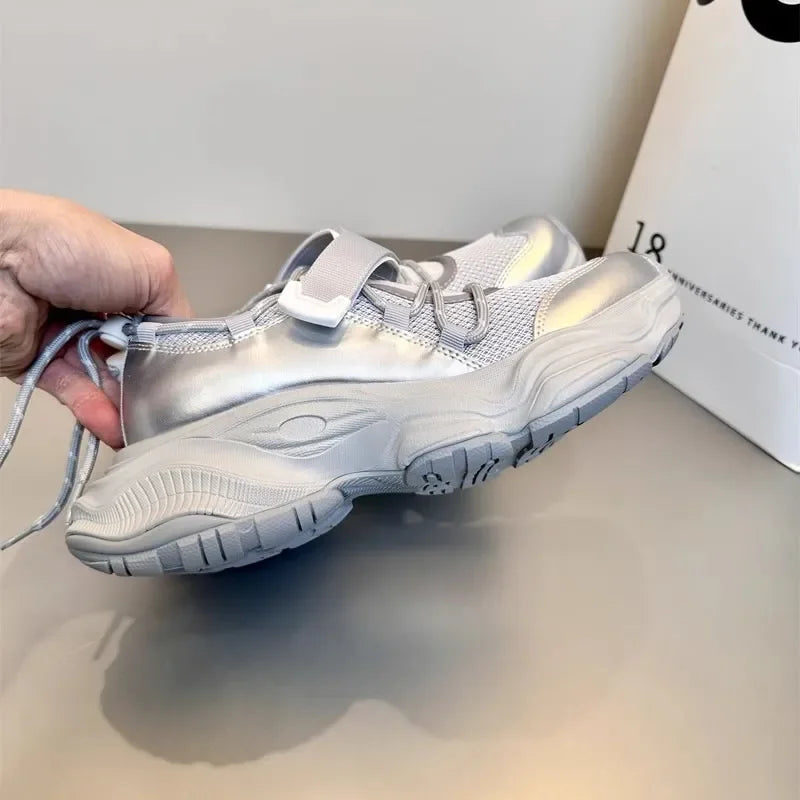 Women's Breathable Mesh Hollow Out Thick Bottom Casual Sports Shoes Thin Mary Jane Shoes Magic Tape Leisure Sports Shoes