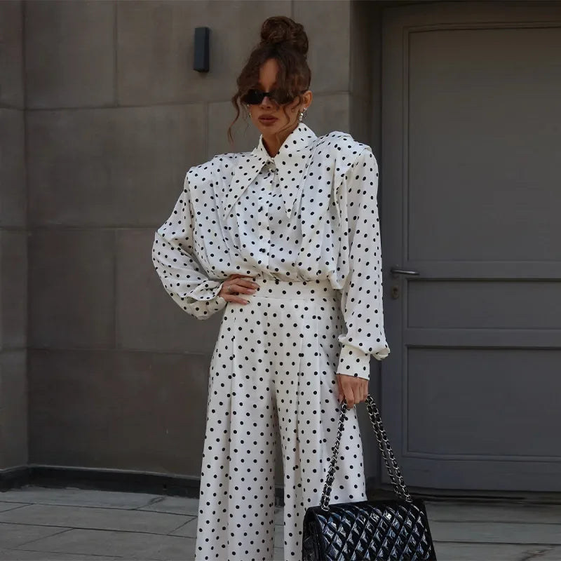 Elegant Dot Shirt Pants Women Set Casual Lapel Button Pleated Blouse Wide Leg Trousers 2026 Spring Summer Chic Lady Outfit New