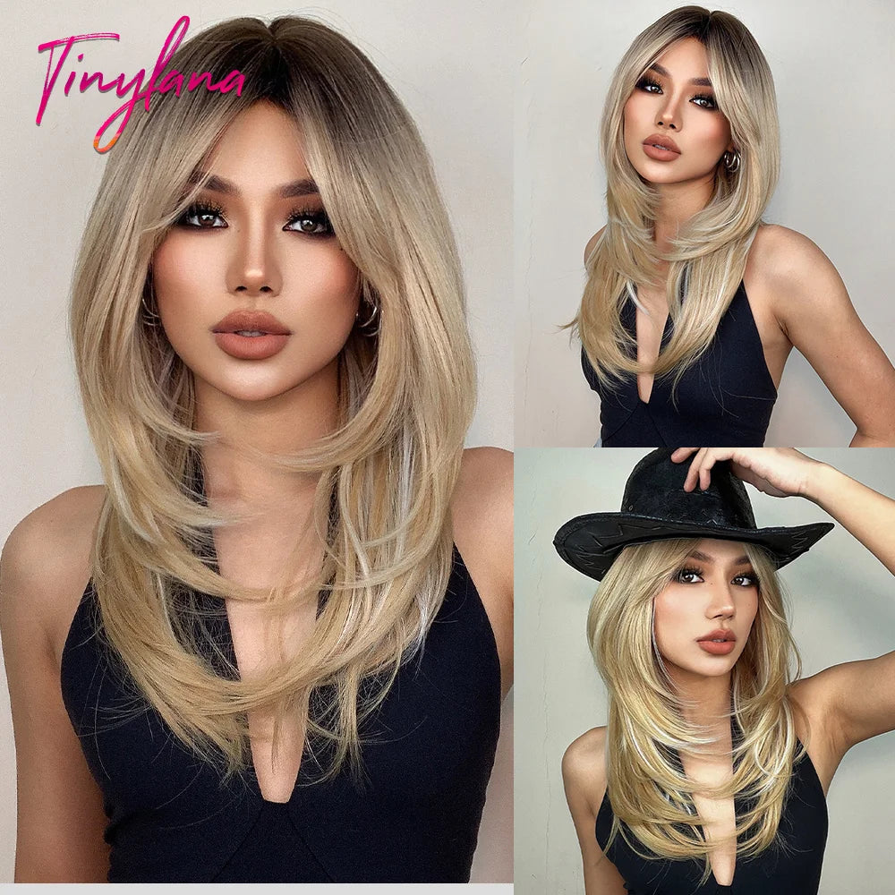 Dark Brown Black Synthetic Wigs Long Straight Layered Wig with Bangs Cosplay Party for Women Afro Natural Heat Resistant Hair