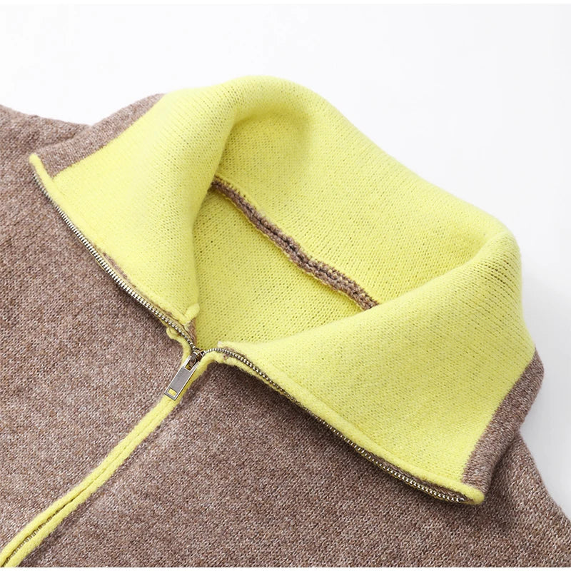 Fashion Contrasting Knitted Cardigan for Women Elegant Long Sleeve Pockets Zipper Sweater 2026 Spring Street Lady Chic Outwear