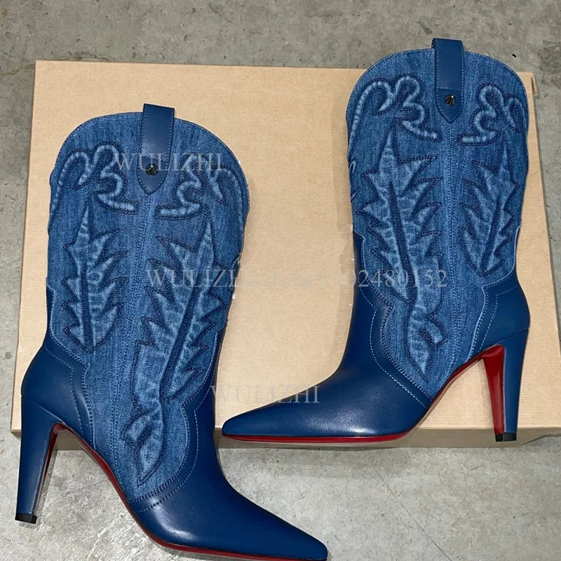 Denim Blue Totem Calf Boots Women Pointed Stilettos Red Heels Winter Zipper Casual Weave Office Lady Luxury Design Graffiti Shoe
