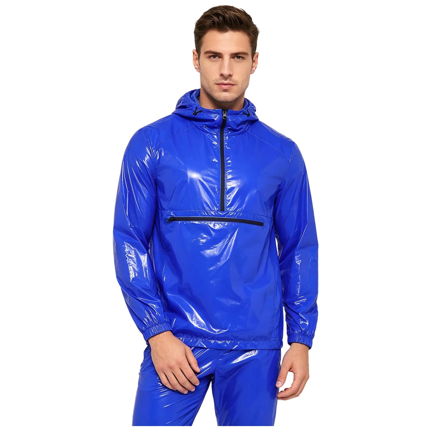 Men Shiny Glossy Hooded Jacket Windbreaker Raincoat for Hiking Fishing Biking Long Sleeve Front Zip-up Drawstring Hood Outerwear
