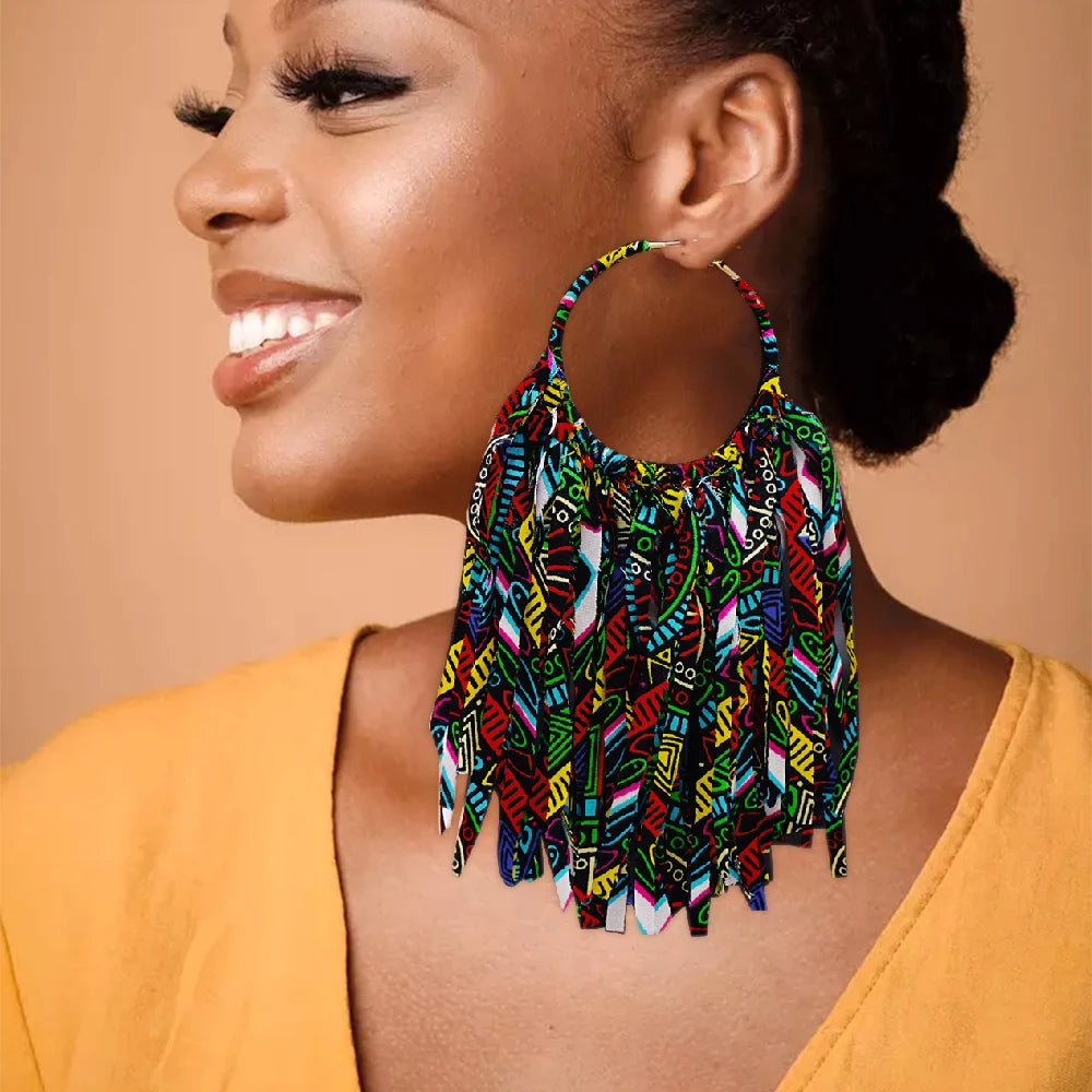 African Fabric Earrings Handmade Drop Tassels Earrings For Women Ethnic African Print Ankara Big Oversized Earings Daily Wear