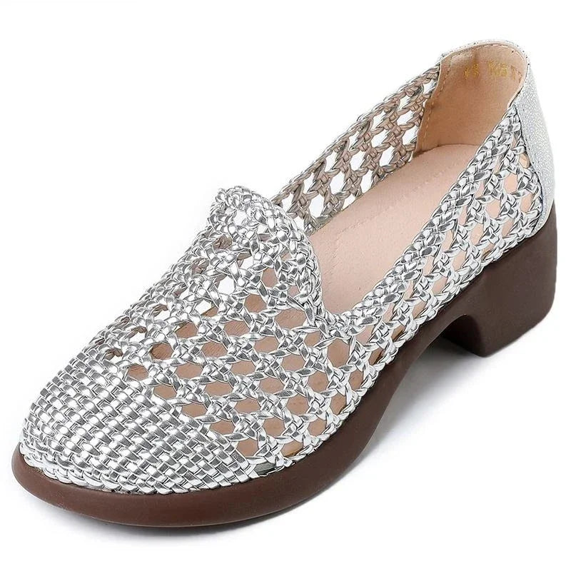 Summer Hollow Woven Breathable Shoes Women Sandals Big Size Thick Heels Genuine Leather Shoes Summer Casual Sandals
