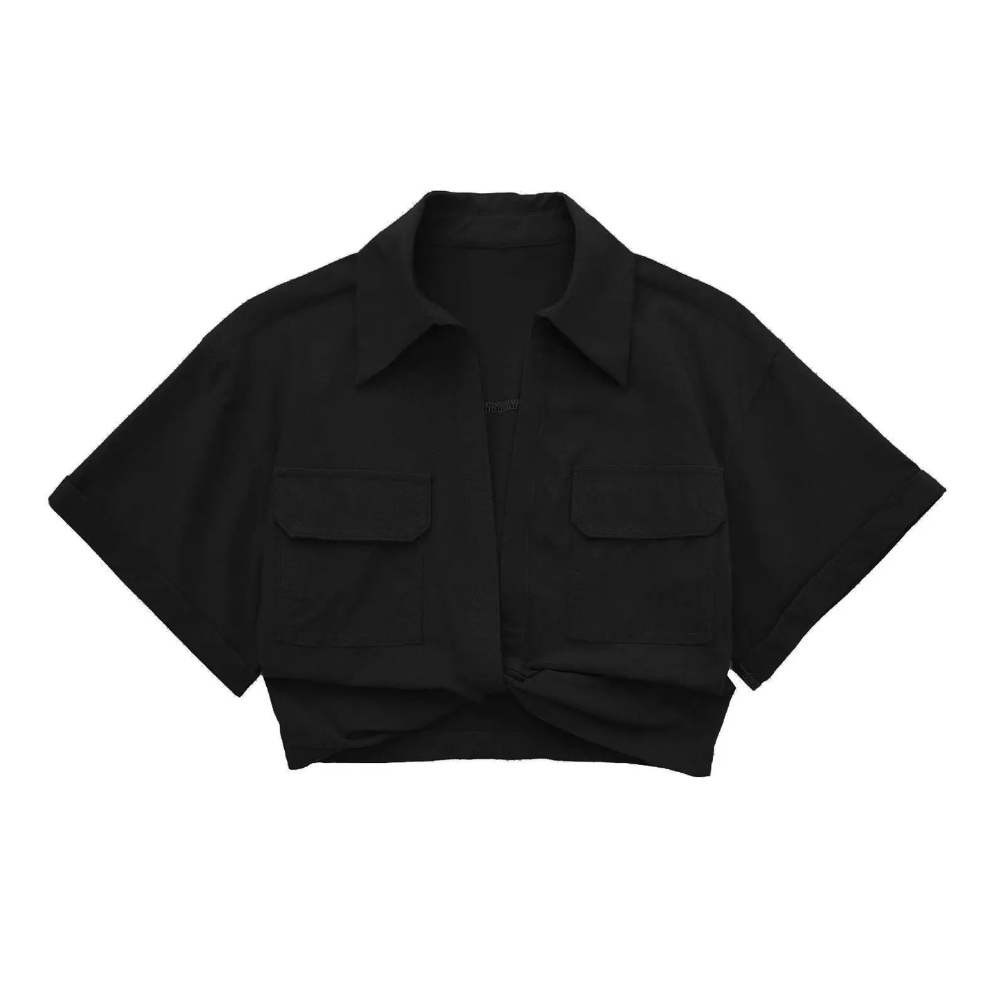 Women Fashion Front Knot Elastic Linen Cropped Shirts Vintage Short Sleeve Patch Pockets Female Blouses Blusa Chic Tops